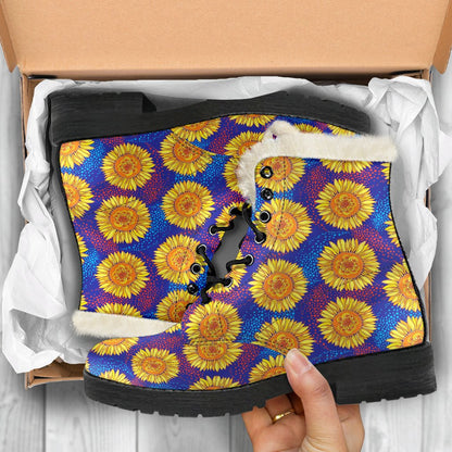 Sunflower Hand Drawn Style Print Faux Fur Leather Boots-JTAMIGO.COM