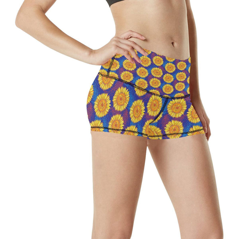 Sunflower Hand Drawn Style Print High Waisted Spandex Shorts-JTAMIGO.COM