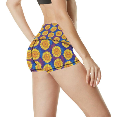 Sunflower Hand Drawn Style Print High Waisted Spandex Shorts-JTAMIGO.COM