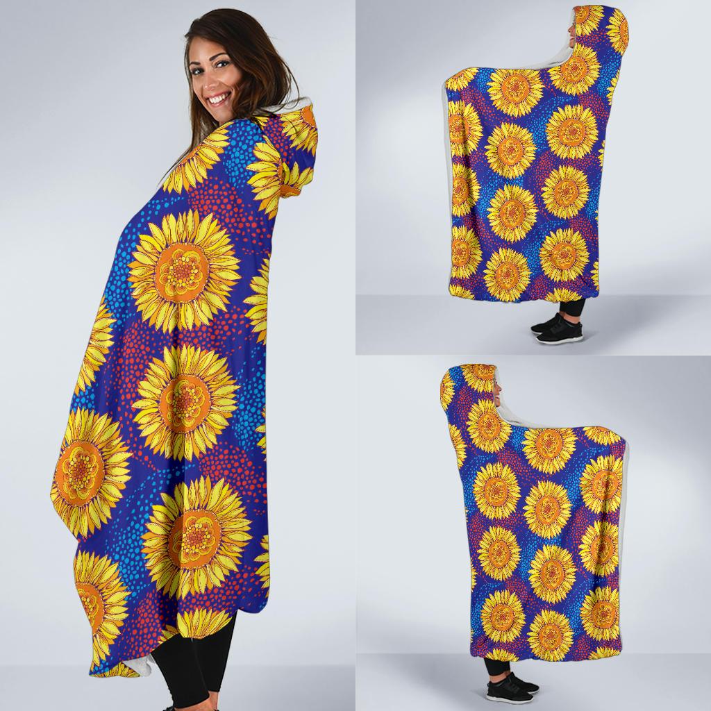Sunflower Hand Drawn Style Print Hooded Blanket-JTAMIGO.COM