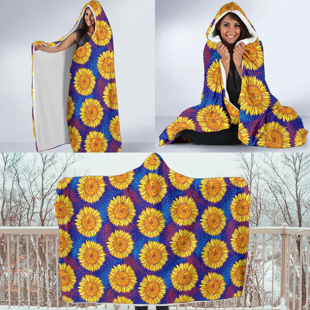 Sunflower Hand Drawn Style Print Hooded Blanket-JTAMIGO.COM