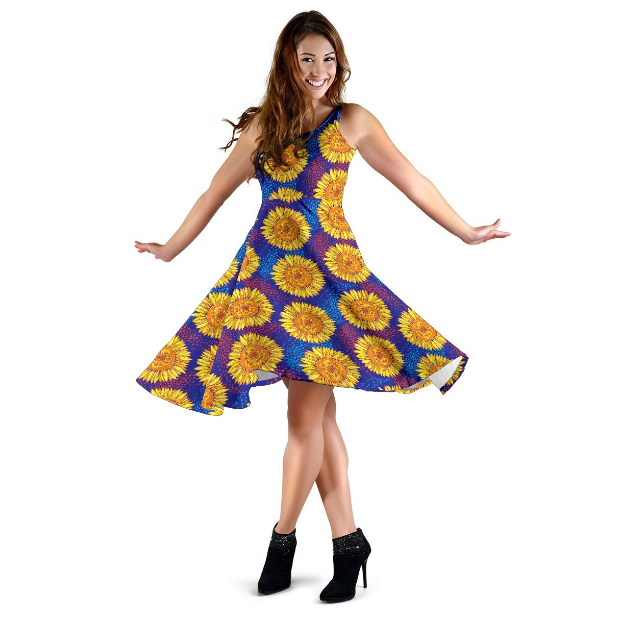 Sunflower Hand Drawn Style Print Sleeveless Dress