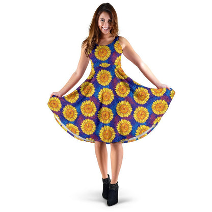 Sunflower Hand Drawn Style Print Sleeveless Dress