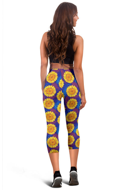 Sunflower Hand Drawn Style Print Women Capris