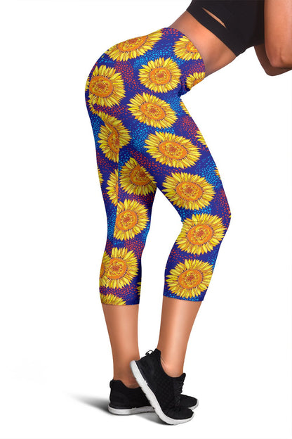 Sunflower Hand Drawn Style Print Women Capris