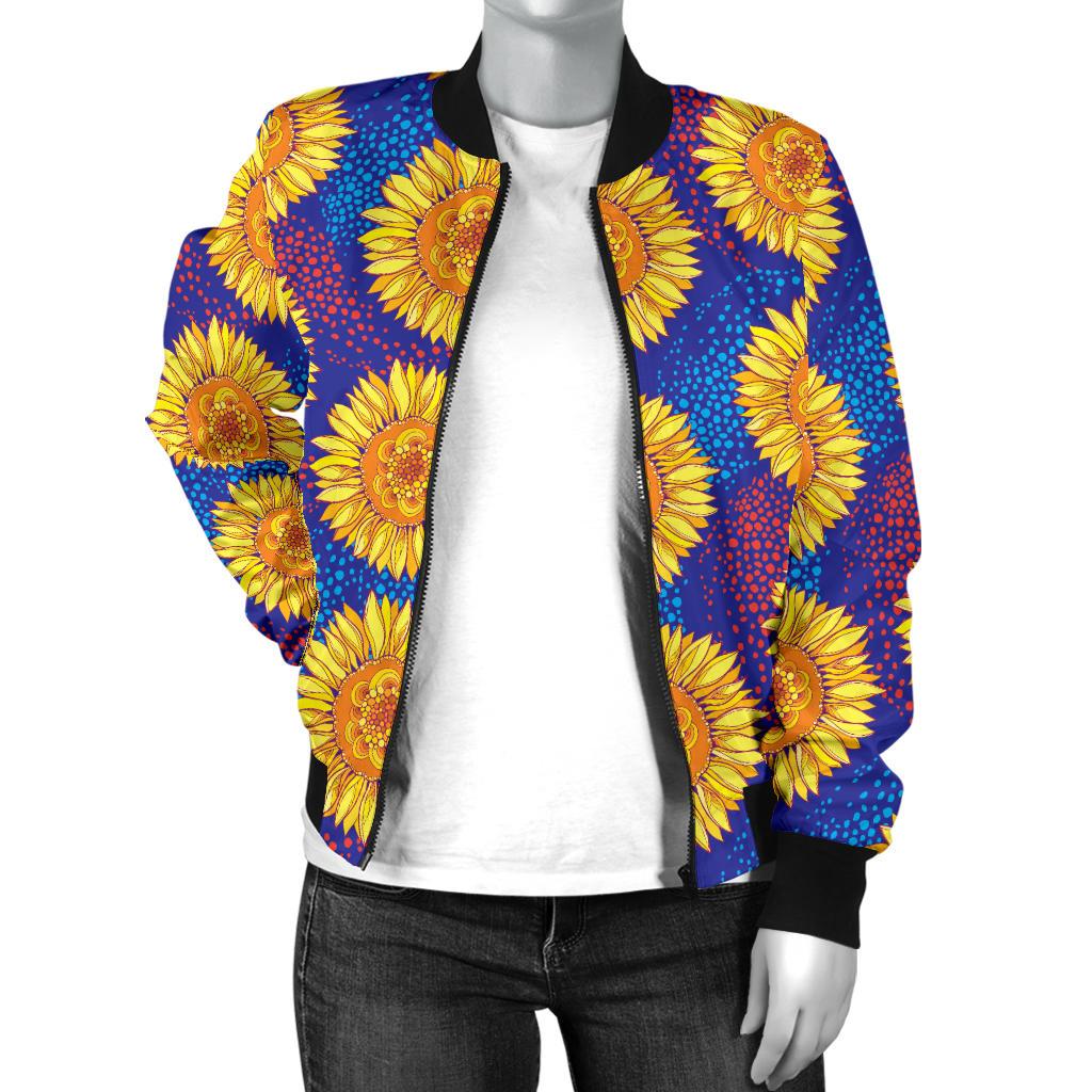 Sunflower Hand Drawn Style Print Women Casual Bomber Jacket