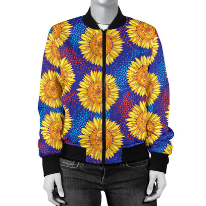 Sunflower Hand Drawn Style Print Women Casual Bomber Jacket