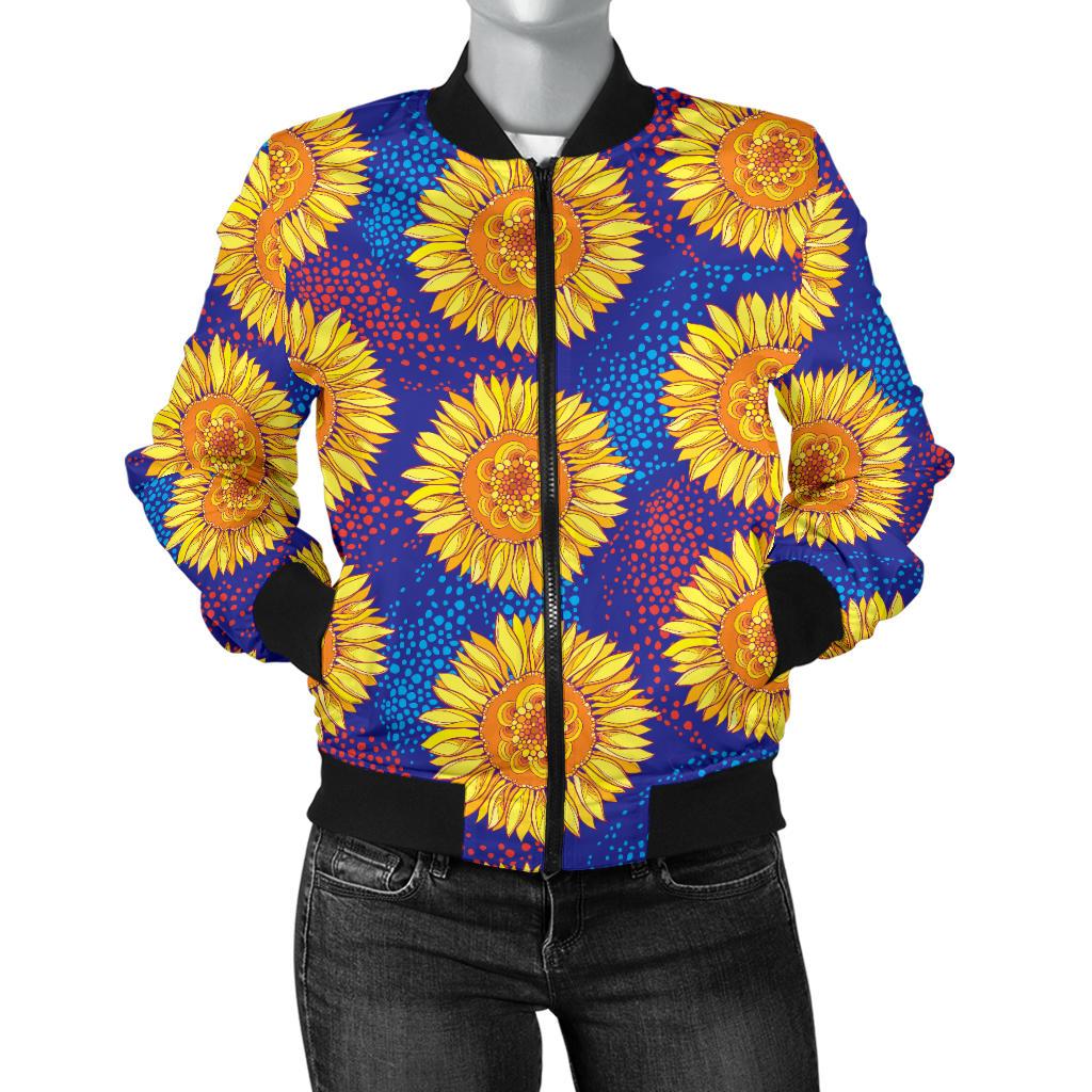 Sunflower Hand Drawn Style Print Women Casual Bomber Jacket