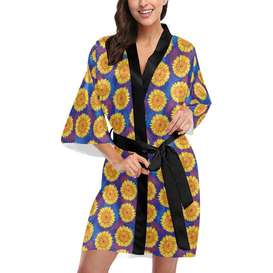 Sunflower Hand Drawn Style Print Women Short Kimono Robe