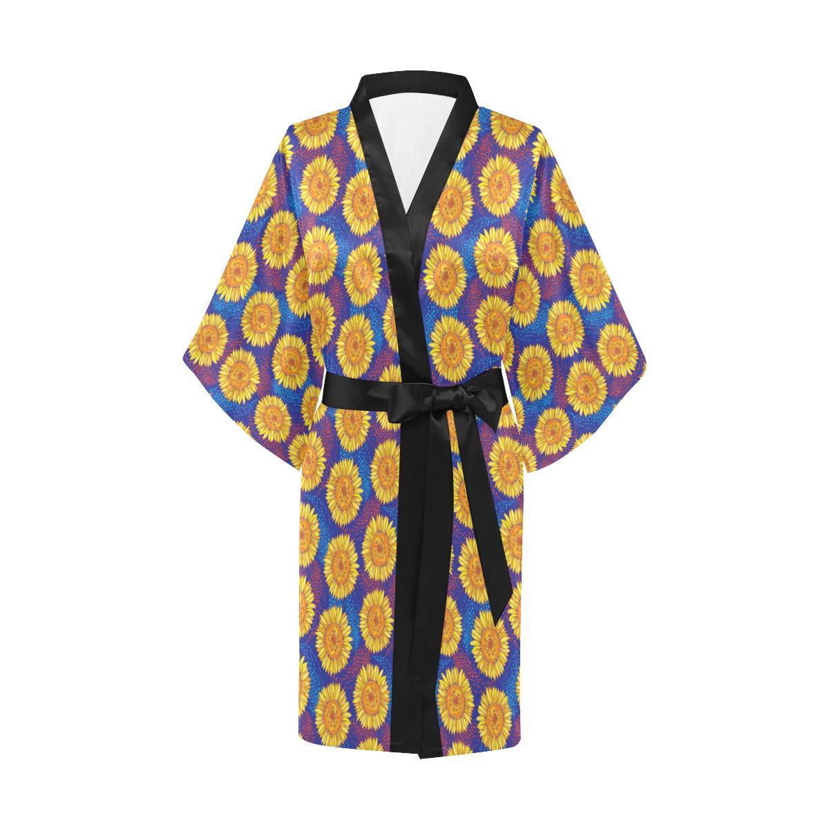 Sunflower Hand Drawn Style Print Women Short Kimono Robe