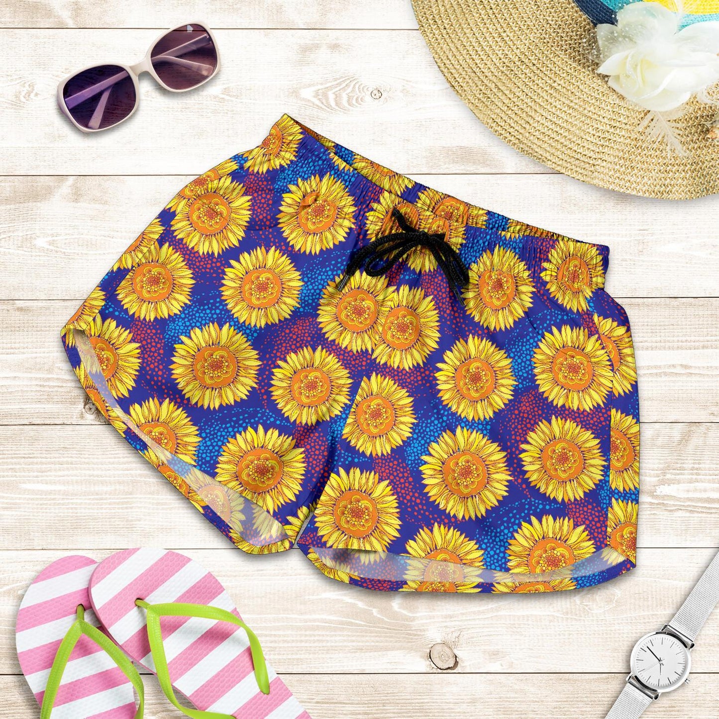 Sunflower Hand Drawn Style Print Women Shorts-JTAMIGO.COM