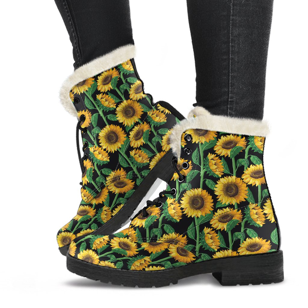 Sunflower Realistic Print Pattern Faux Fur Leather Boots-JTAMIGO.COM