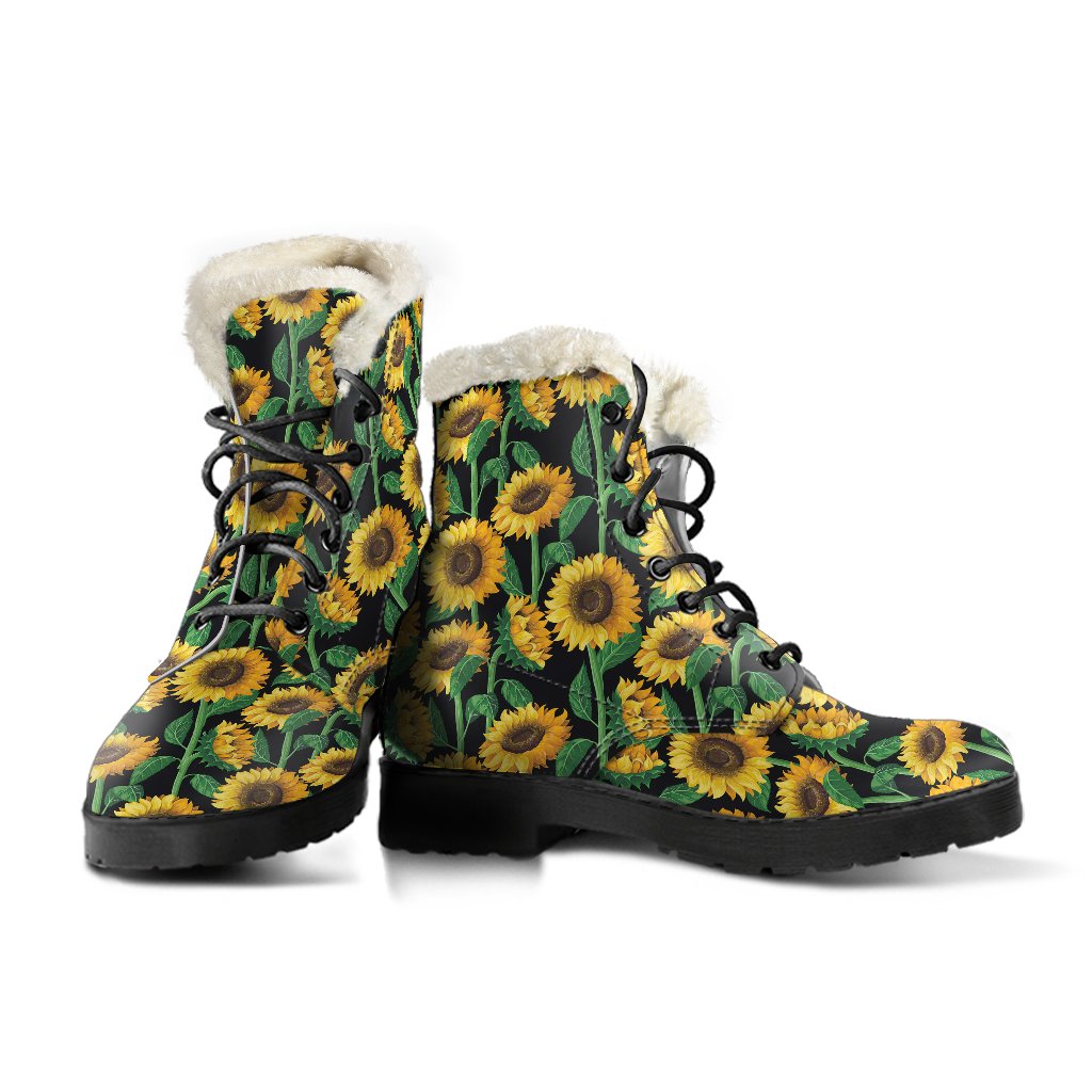 Sunflower Realistic Print Pattern Faux Fur Leather Boots-JTAMIGO.COM