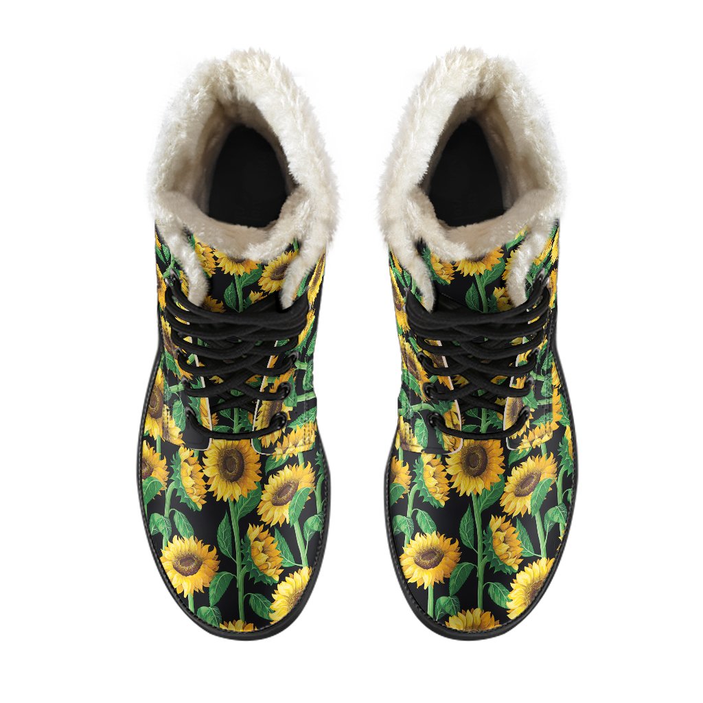 Sunflower Realistic Print Pattern Faux Fur Leather Boots-JTAMIGO.COM