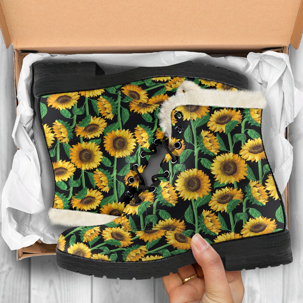 Sunflower Realistic Print Pattern Faux Fur Leather Boots-JTAMIGO.COM