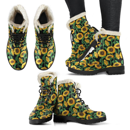 Sunflower Realistic Print Pattern Faux Fur Leather Boots-JTAMIGO.COM