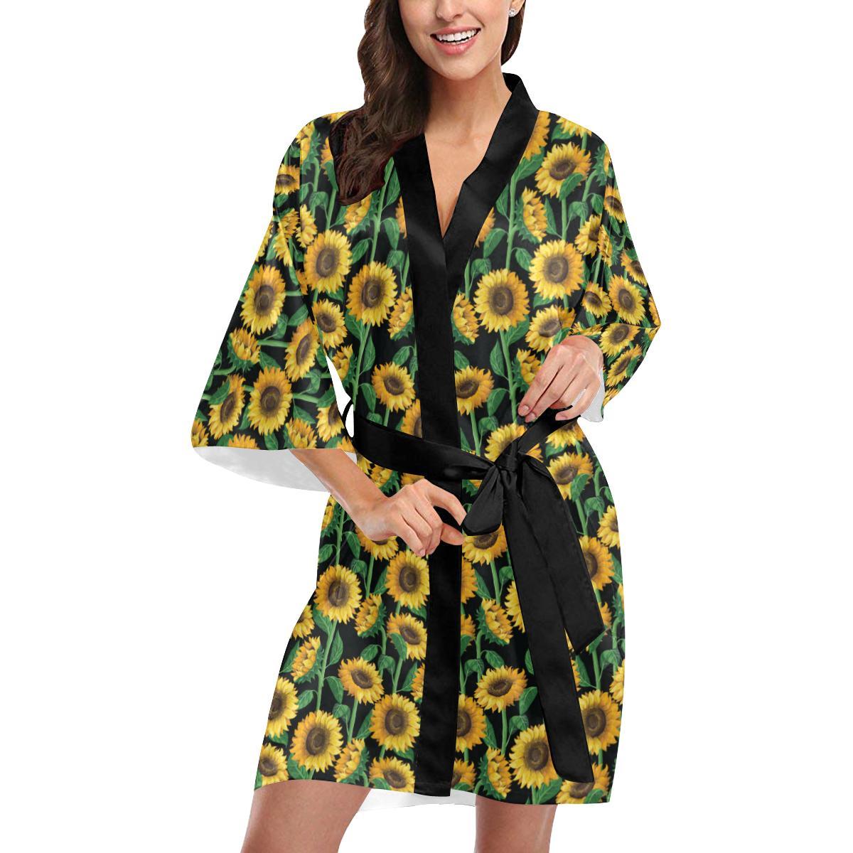 Sunflower Realistic Print Pattern Women Short Kimono Robe