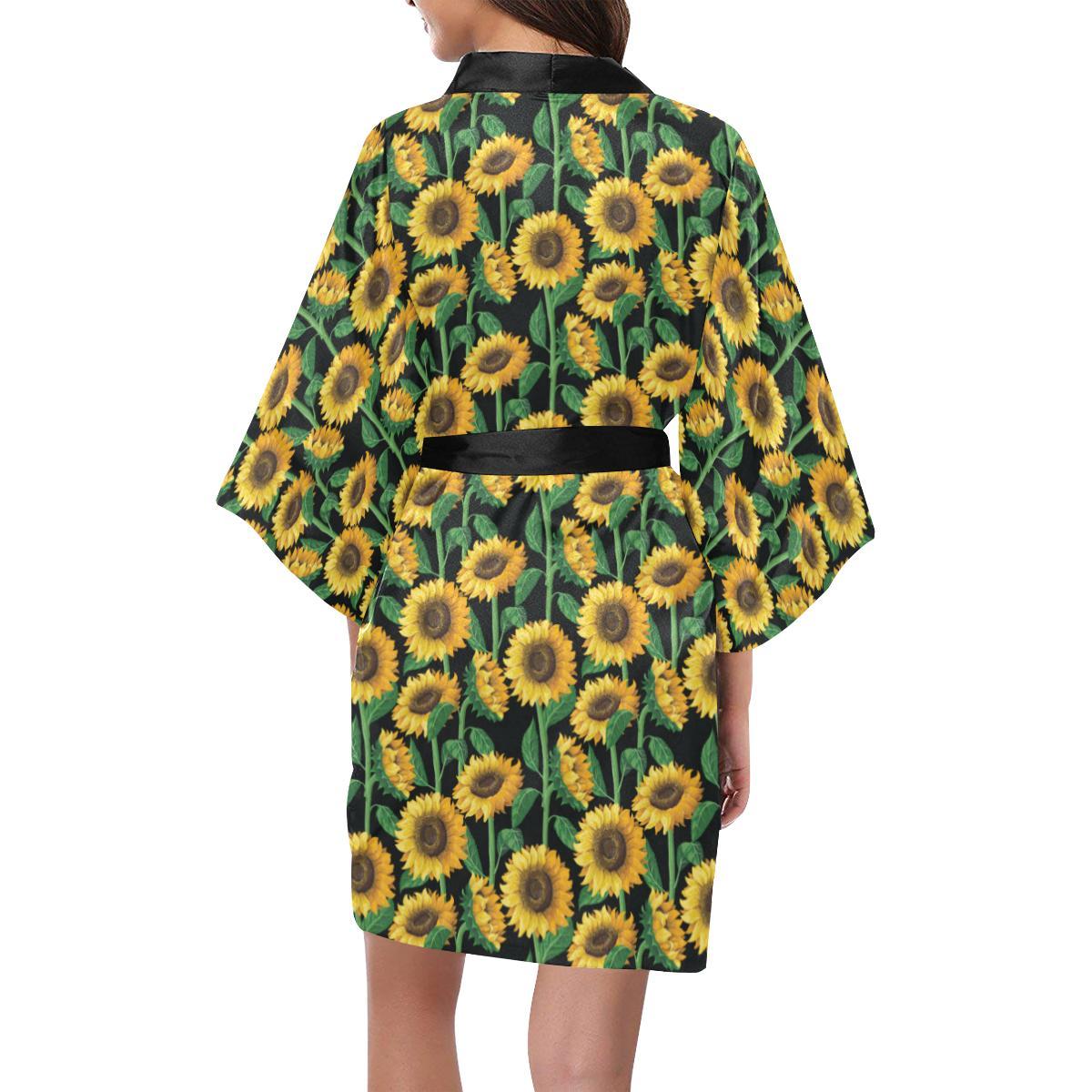 Sunflower Realistic Print Pattern Women Short Kimono Robe