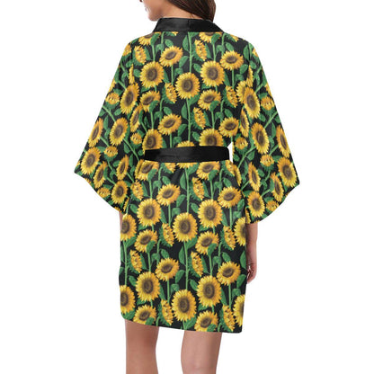 Sunflower Realistic Print Pattern Women Short Kimono Robe