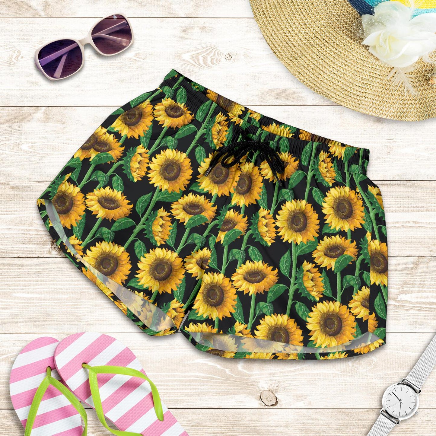 Sunflower Realistic Print Pattern Women Shorts-JTAMIGO.COM