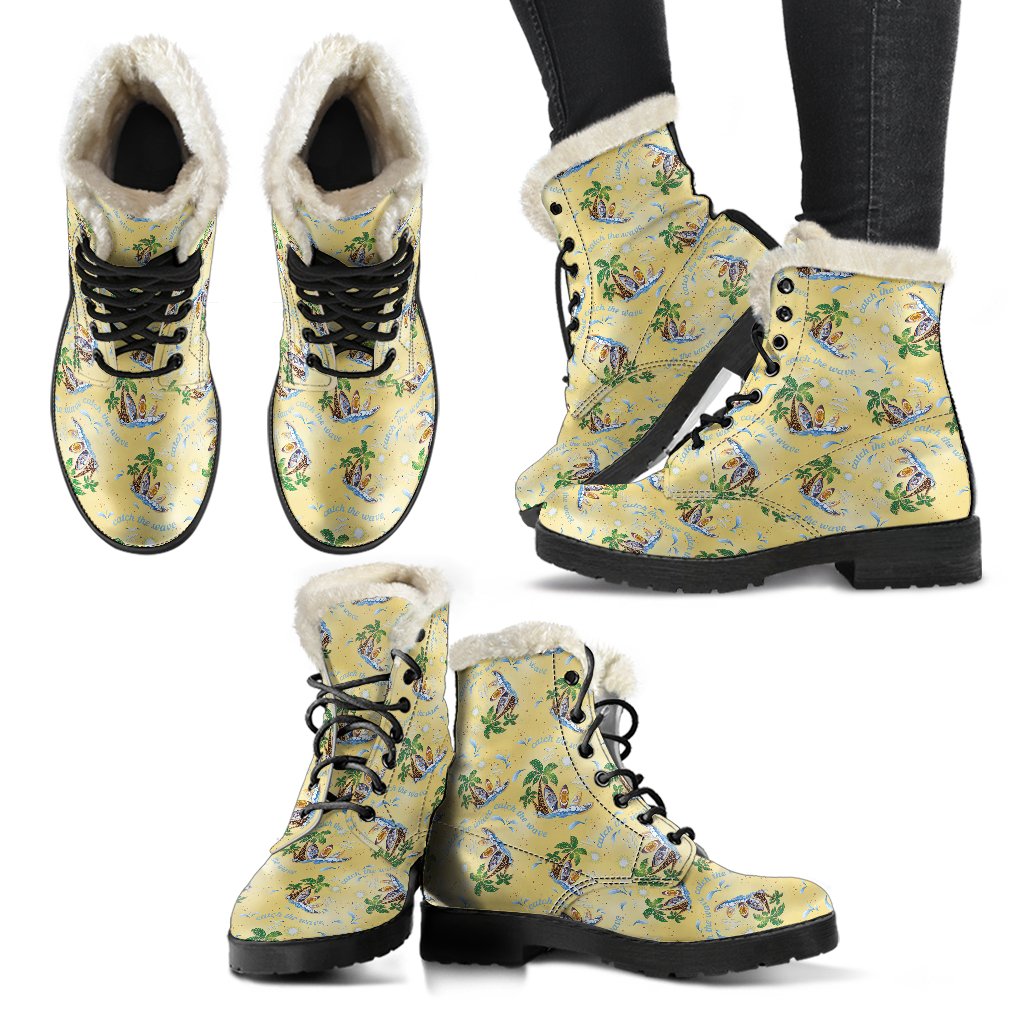 Surf Catch the Wave Design Faux Fur Leather Boots-JTAMIGO.COM