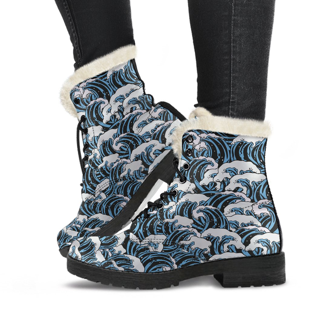 Surf Wave Pattern Print Faux Fur Leather Boots-JTAMIGO.COM