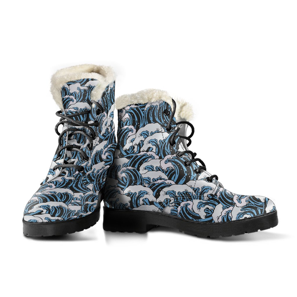 Surf Wave Pattern Print Faux Fur Leather Boots-JTAMIGO.COM