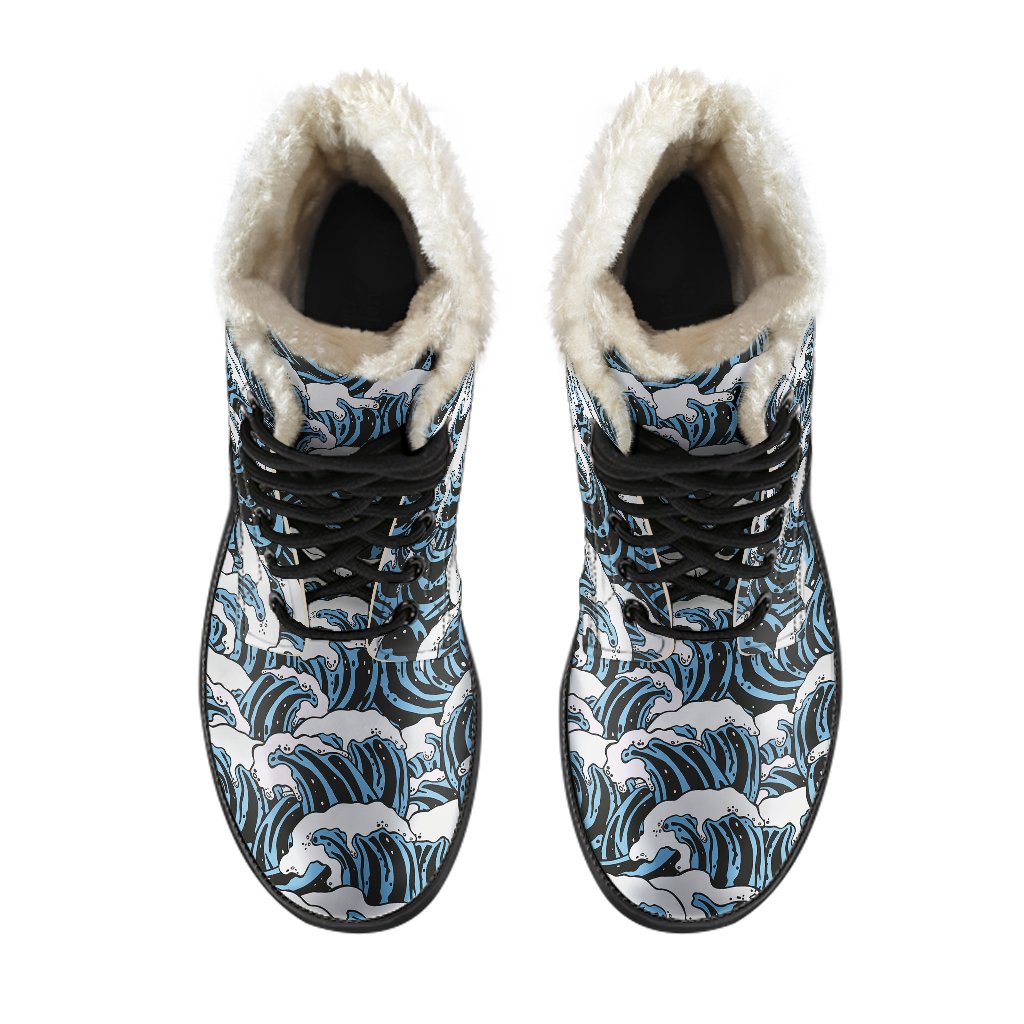 Surf Wave Pattern Print Faux Fur Leather Boots-JTAMIGO.COM