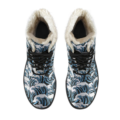 Surf Wave Pattern Print Faux Fur Leather Boots-JTAMIGO.COM