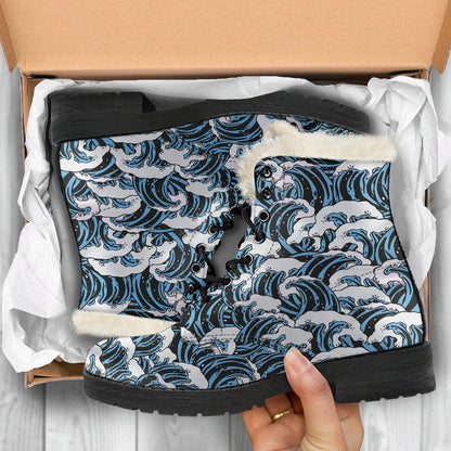 Surf Wave Pattern Print Faux Fur Leather Boots-JTAMIGO.COM