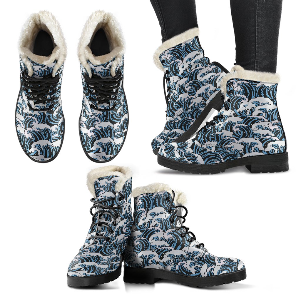 Surf Wave Pattern Print Faux Fur Leather Boots-JTAMIGO.COM