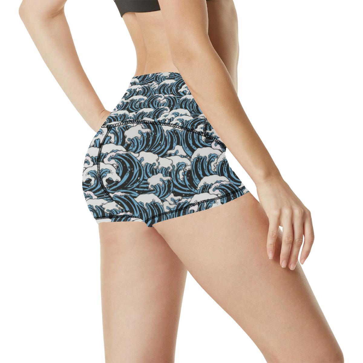 Surf Wave Pattern Print High Waisted Spandex Shorts-JTAMIGO.COM