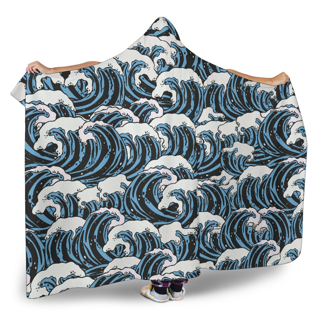 Surf Wave Pattern Print Hooded Blanket-JTAMIGO.COM