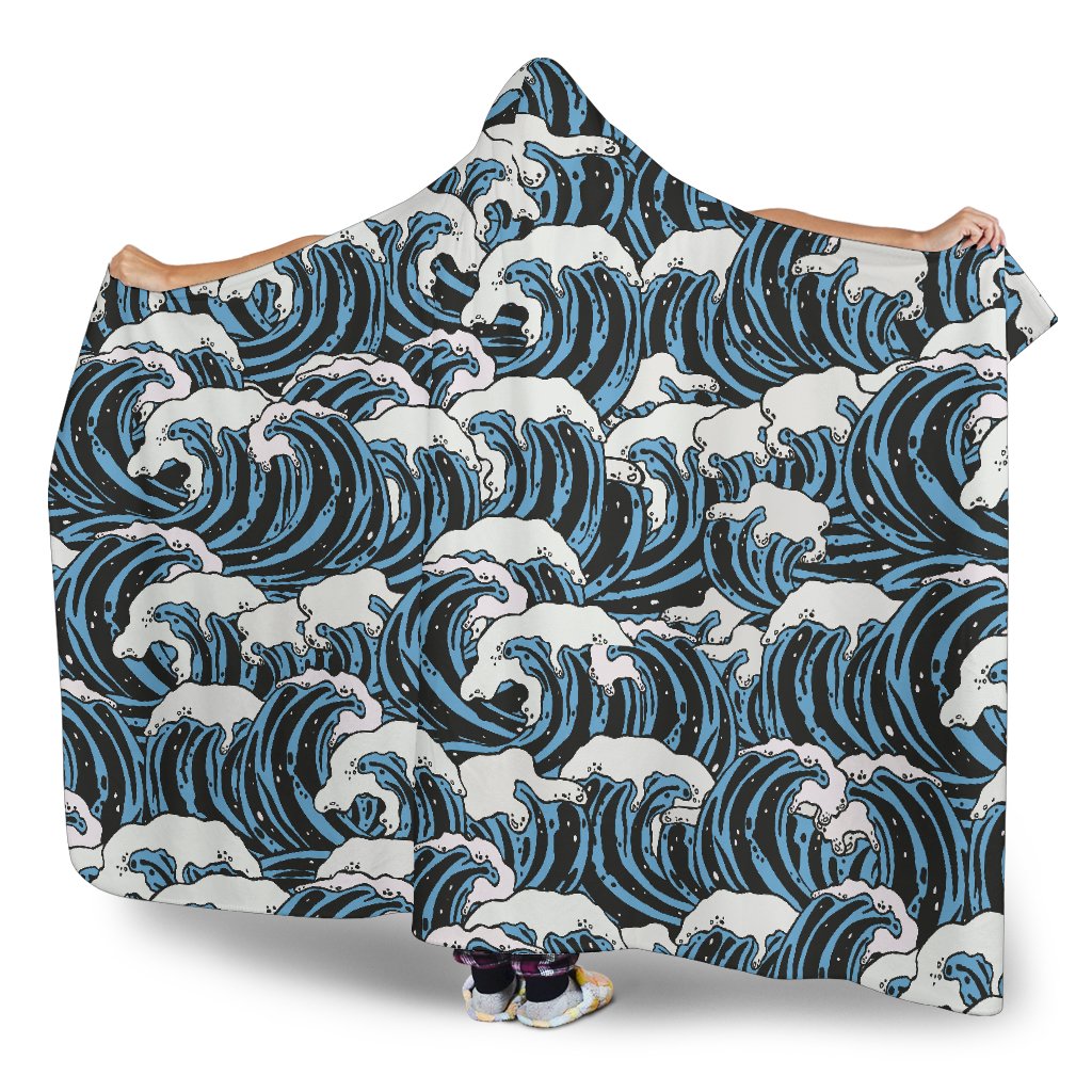 Surf Wave Pattern Print Hooded Blanket-JTAMIGO.COM