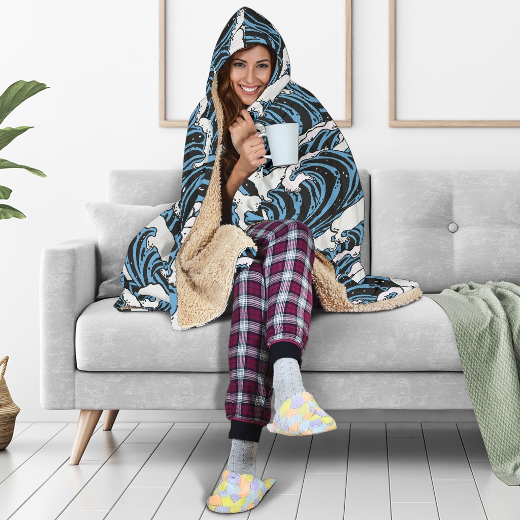 Surf Wave Pattern Print Hooded Blanket-JTAMIGO.COM