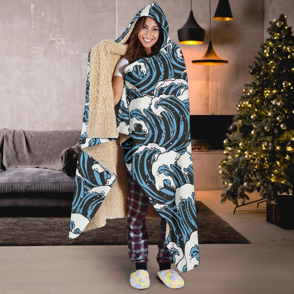 Surf Wave Pattern Print Hooded Blanket-JTAMIGO.COM