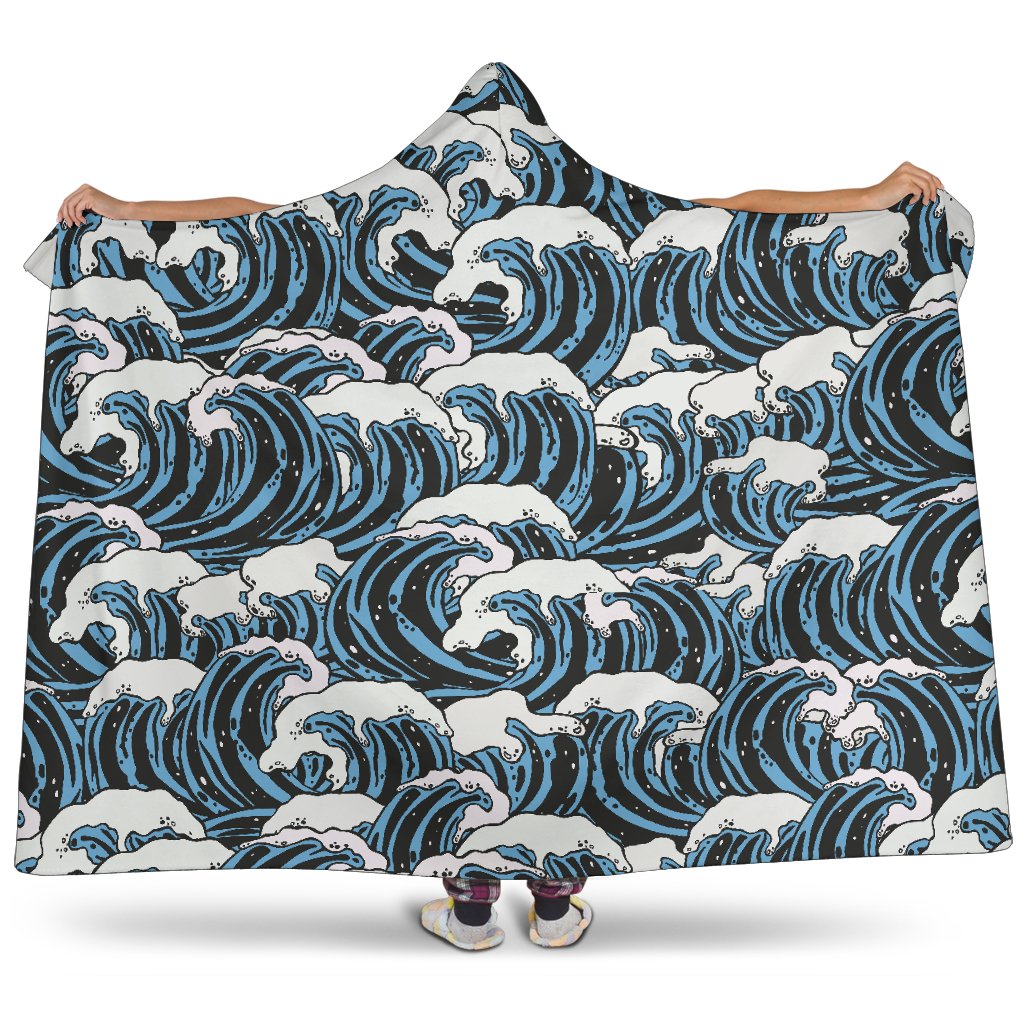 Surf Wave Pattern Print Hooded Blanket-JTAMIGO.COM