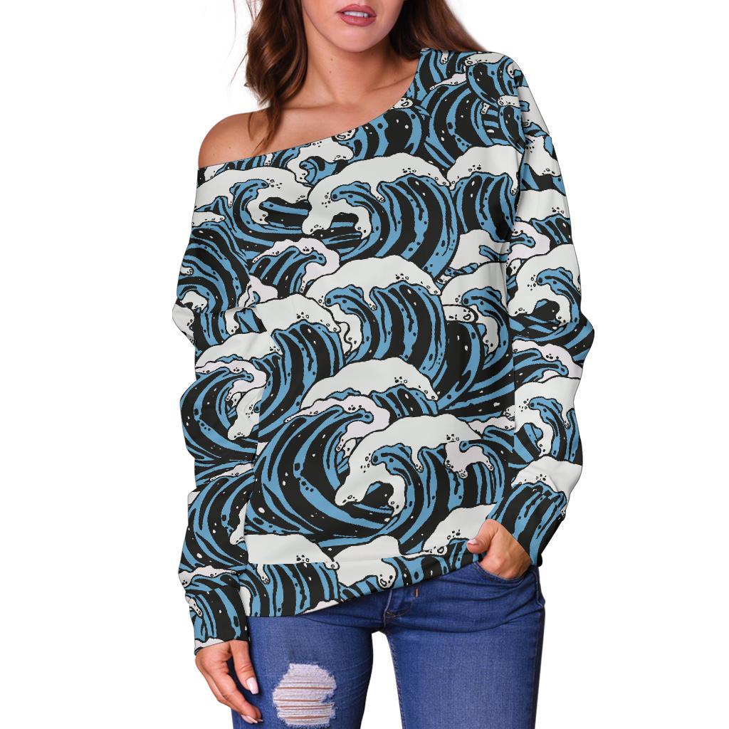 Surf Wave Pattern Print Off Shoulder Sweatshirt