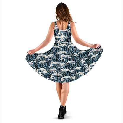 Surf Wave Pattern Print Sleeveless Dress