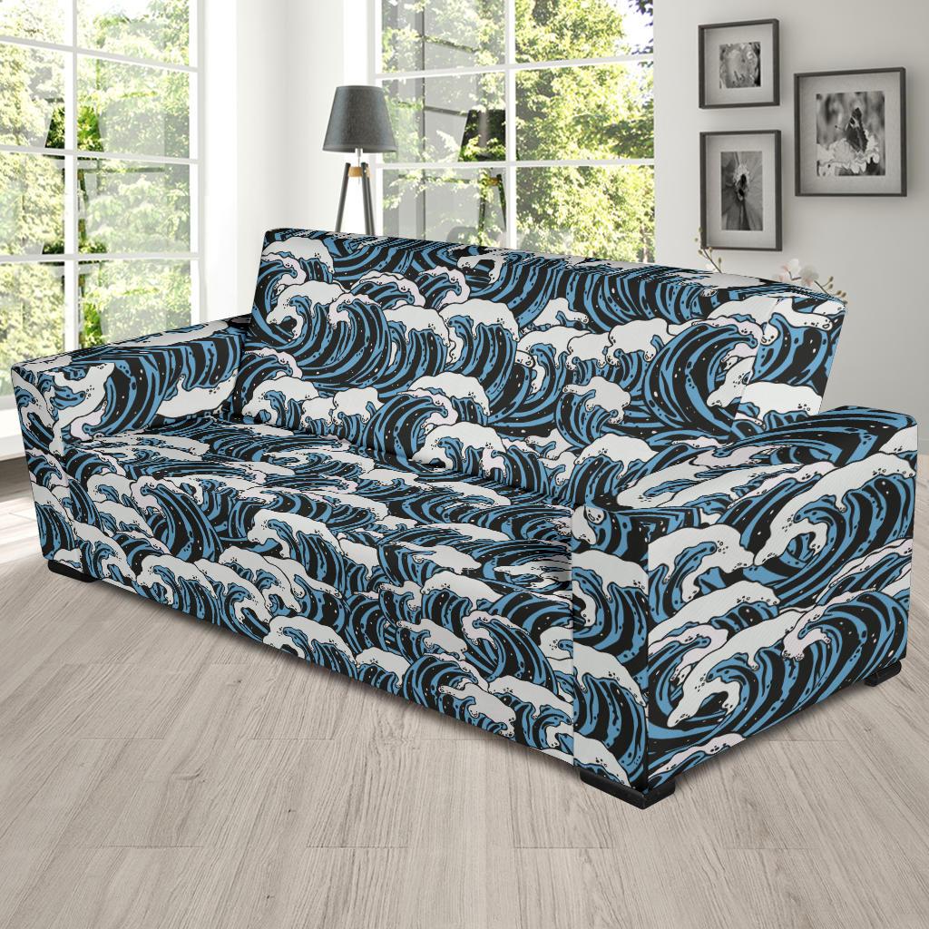 Surf Wave Pattern Print Sofa Slipcover-JTAMIGO.COM