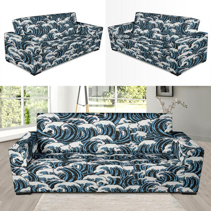 Surf Wave Pattern Print Sofa Slipcover-JTAMIGO.COM