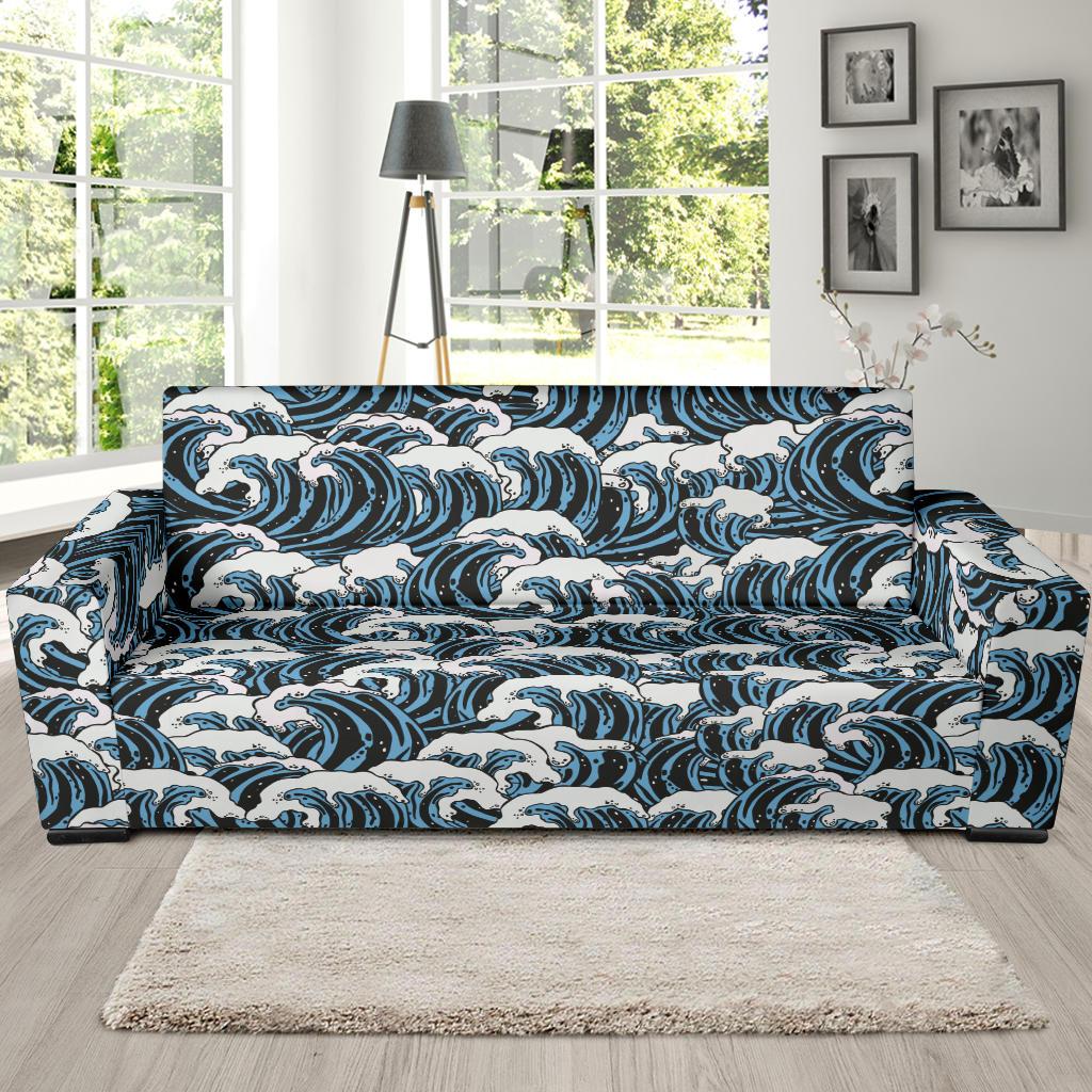 Surf Wave Pattern Print Sofa Slipcover-JTAMIGO.COM