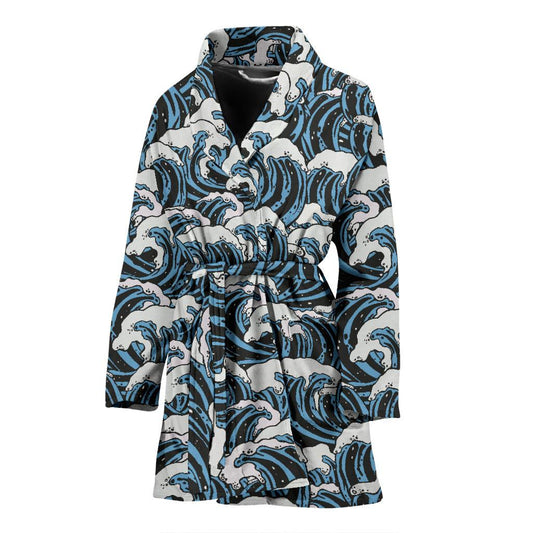 Surf Wave Pattern Print Women Bath Robe-JTAMIGO.COM