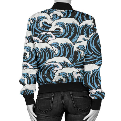 Surf Wave Pattern Print Women Casual Bomber Jacket