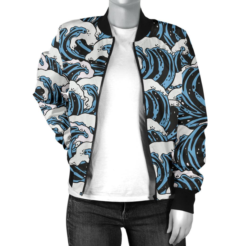 Surf Wave Pattern Print Women Casual Bomber Jacket