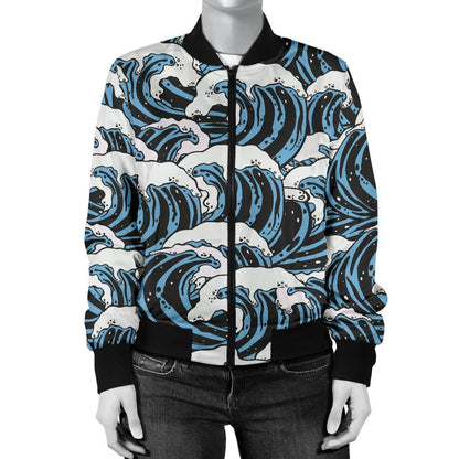 Surf Wave Pattern Print Women Casual Bomber Jacket