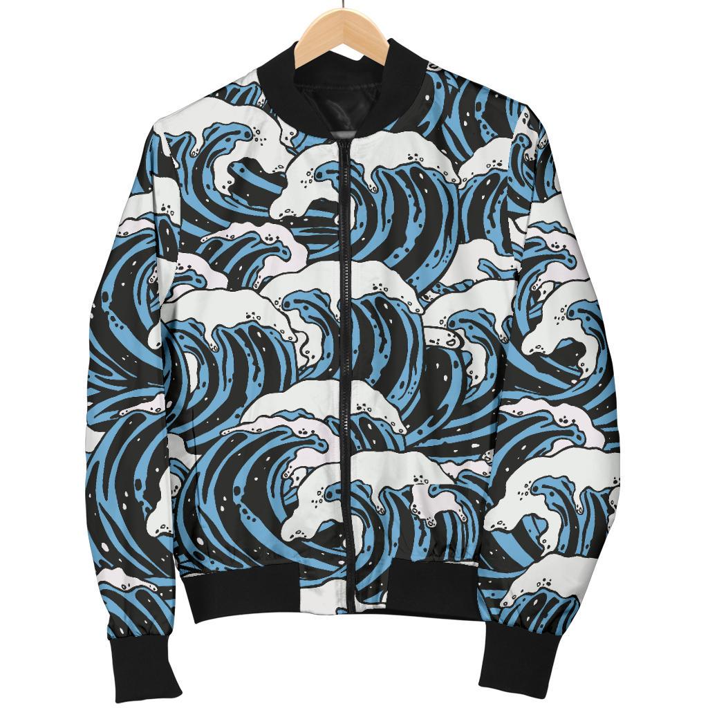 Surf Wave Pattern Print Women Casual Bomber Jacket