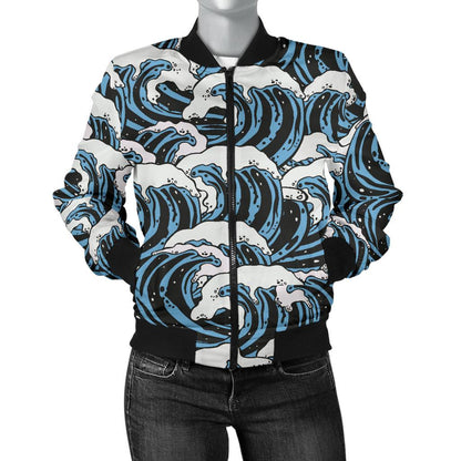Surf Wave Pattern Print Women Casual Bomber Jacket
