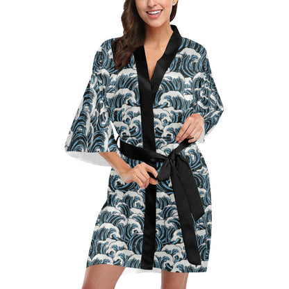 Surf Wave Pattern Print Women Short Kimono Robe