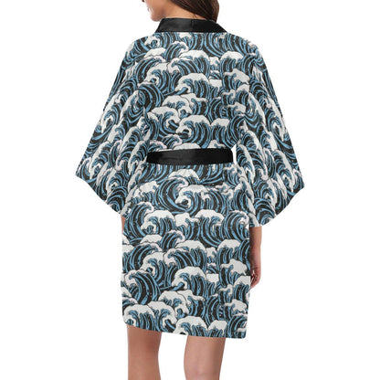 Surf Wave Pattern Print Women Short Kimono Robe